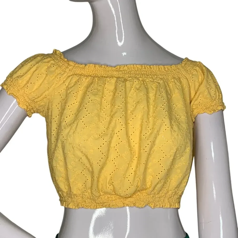 Divided by H&M Crop Top Short Sleeve Eyelet Marigold Size 6 - Picture 2 of 9